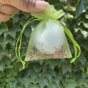 A person holding onto a small bag of tea