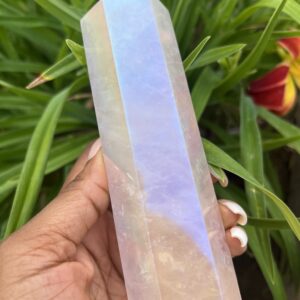 A person holding up a large crystal in front of some flowers.