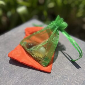 A green bag with some food in it