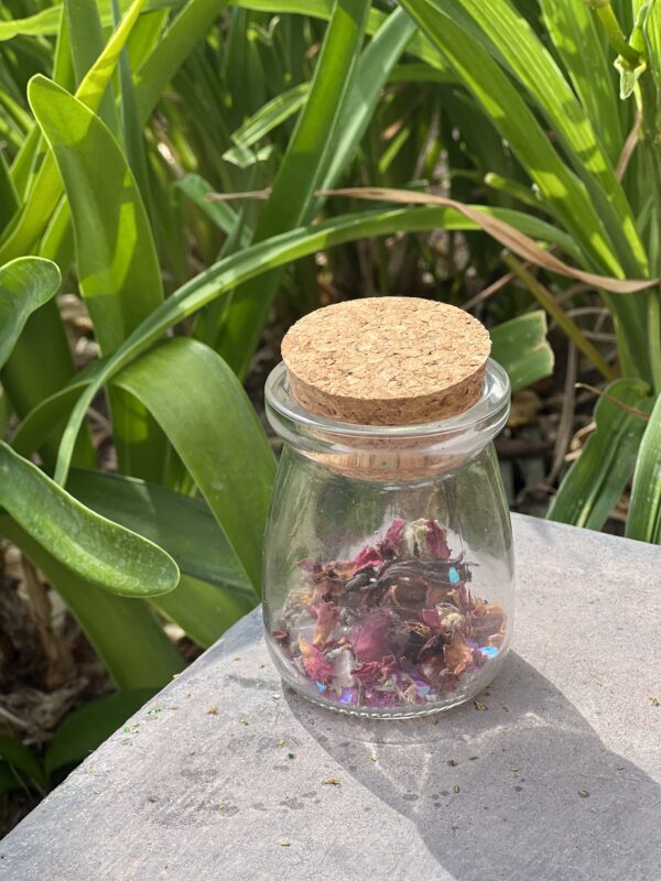 A jar of dried flowers sitting on top of a table.