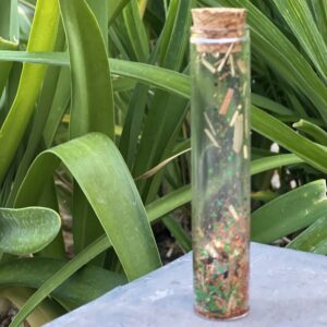 A glass tube with plants in the background