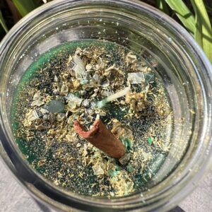 A jar of dirt and some leaves on the ground