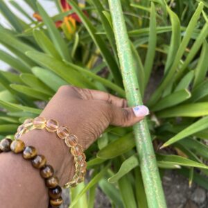 A hand holding onto a green stick with a tiger eye bracelet.