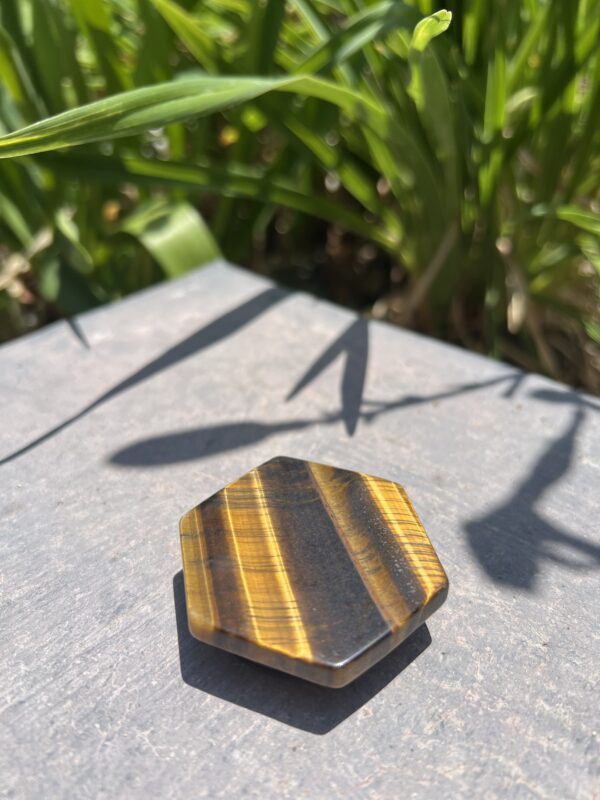 A tiger 's eye stone is sitting on the ground.