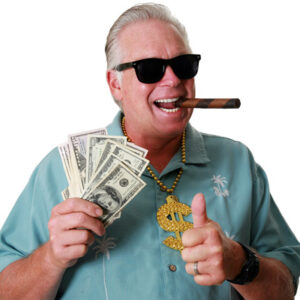 A man holding money and smoking a cigar.