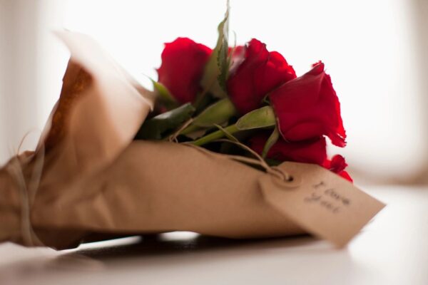 A bouquet of roses in a brown bag.