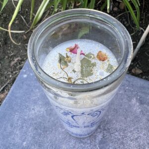 A glass of water with some flowers in it