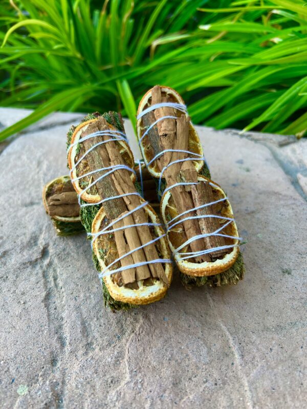 A pair of sandals tied with rope on top of a rock.