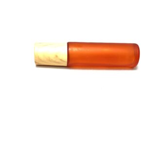 A red tube of lipstick with a wooden top.