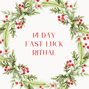 A wreath with the words " 1 4 day fast luck ritual ".