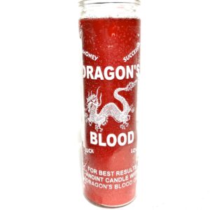 A red candle with the words " dragon 's blood ".