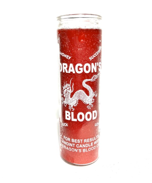 A red candle with the words " dragon 's blood ".