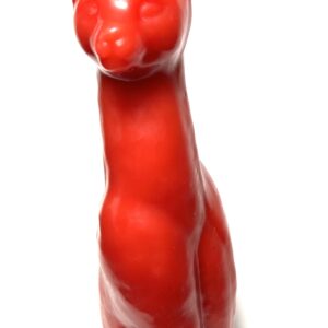 A red cat statue sitting on top of a white floor.