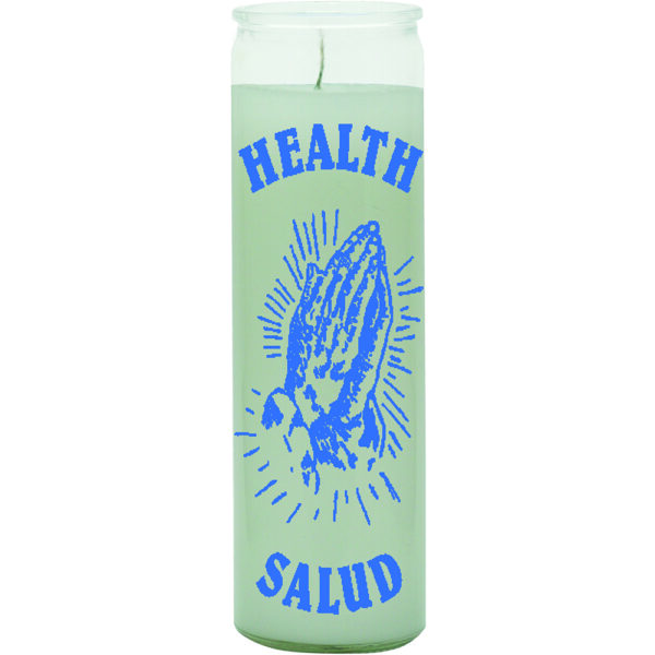 A candle that says health and salud