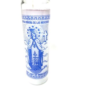 A blue and white candle with the image of jesus