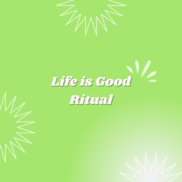 A green background with white lettering and sun designs.