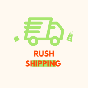 A green truck with the words rush shipping underneath it.