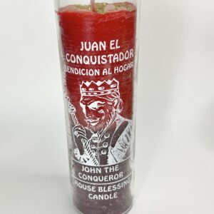 A red candle with the image of juan el conquistador.