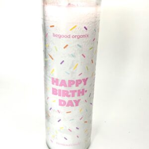 A candle that says happy birthday with sprinkles.