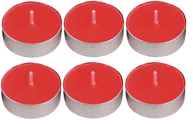 A set of six red tea lights.