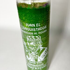 A green candle with the image of juan el conquistador.