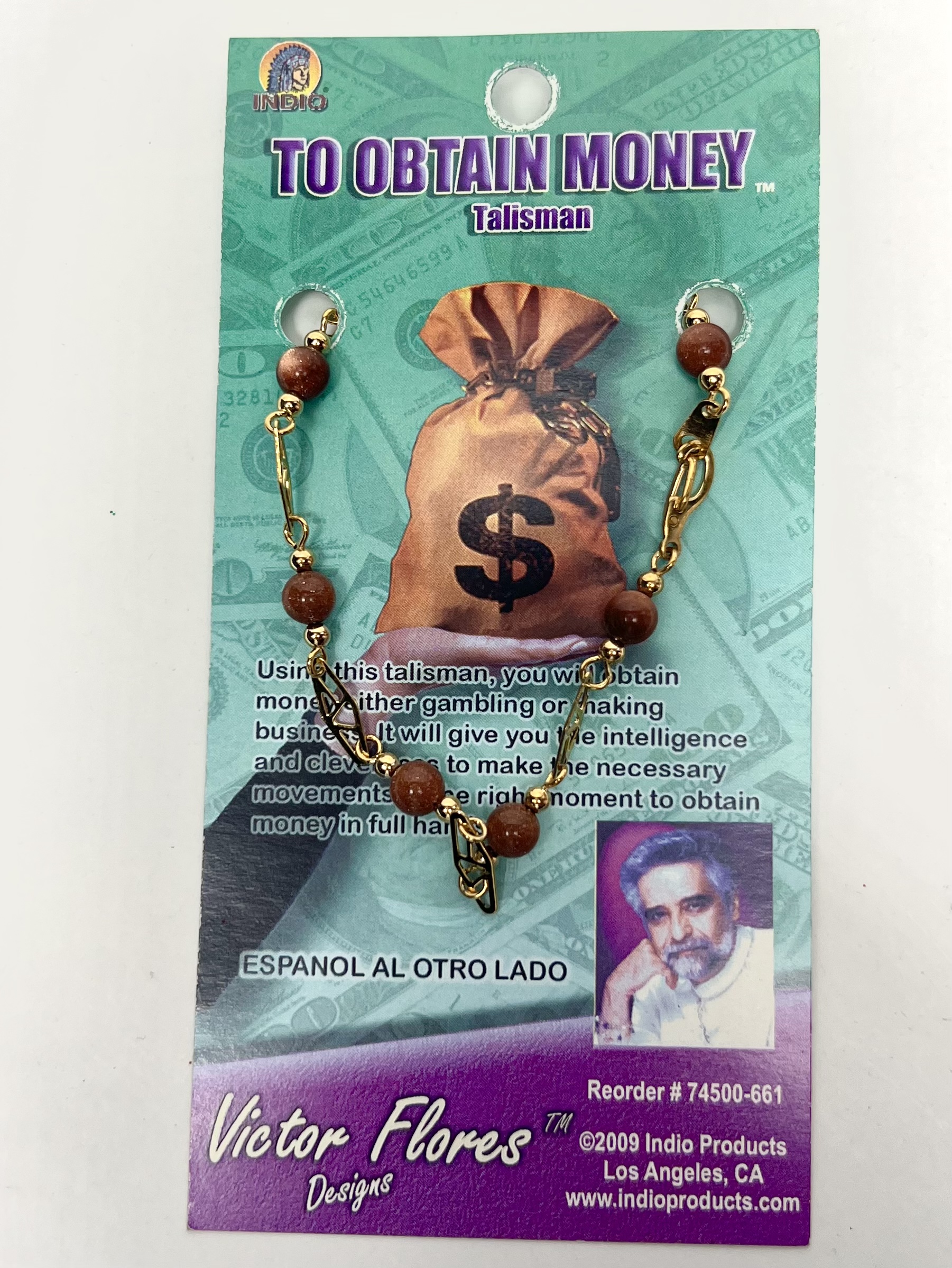 A chain with beads and a money bag on it.