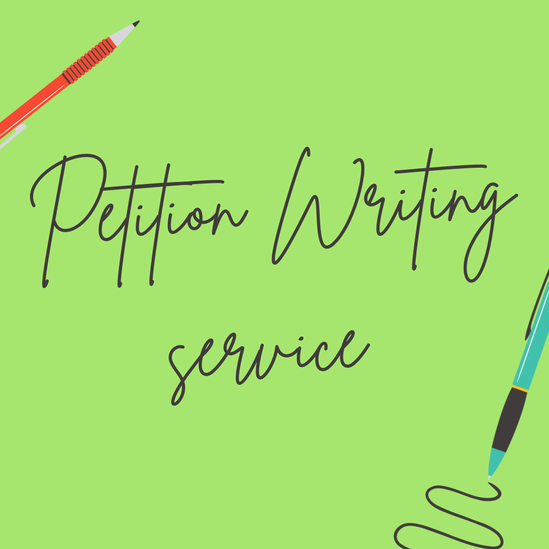 A green background with two pens and the words petition writing service.