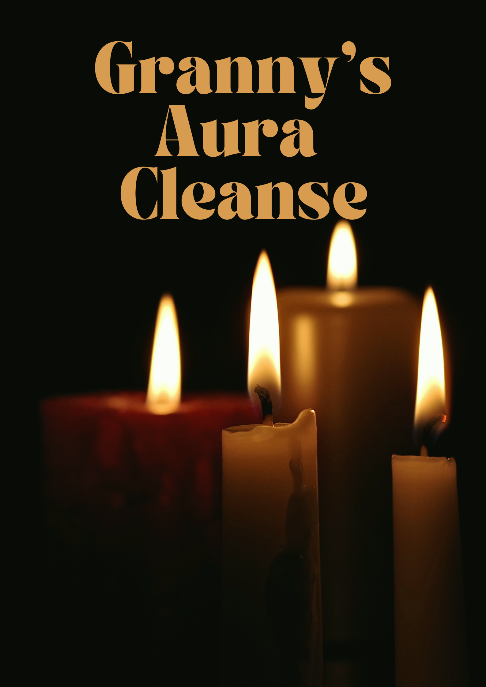 Three candles with the words aura cleanse in front of them.