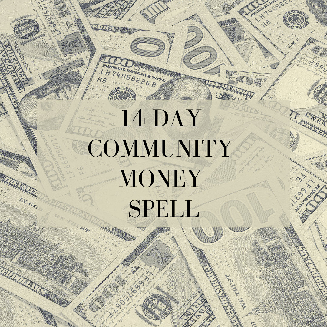 A pile of money with the words " 1 4 day community money spell ".