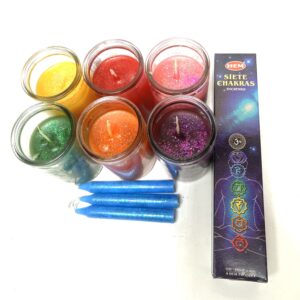 A set of candles and a box with the name chakra on it.