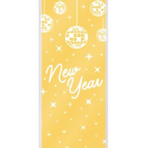 A yellow new year banner with white ornaments.