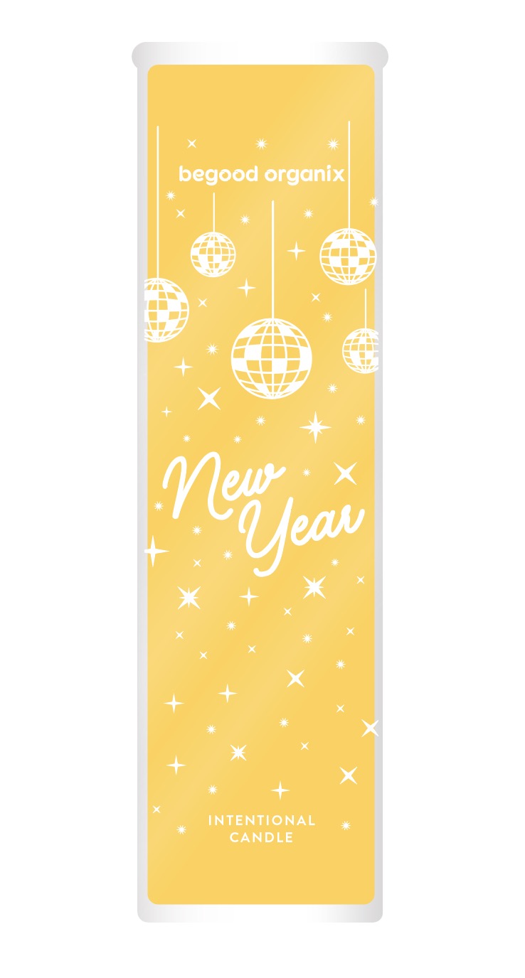 A yellow new year banner with white ornaments.