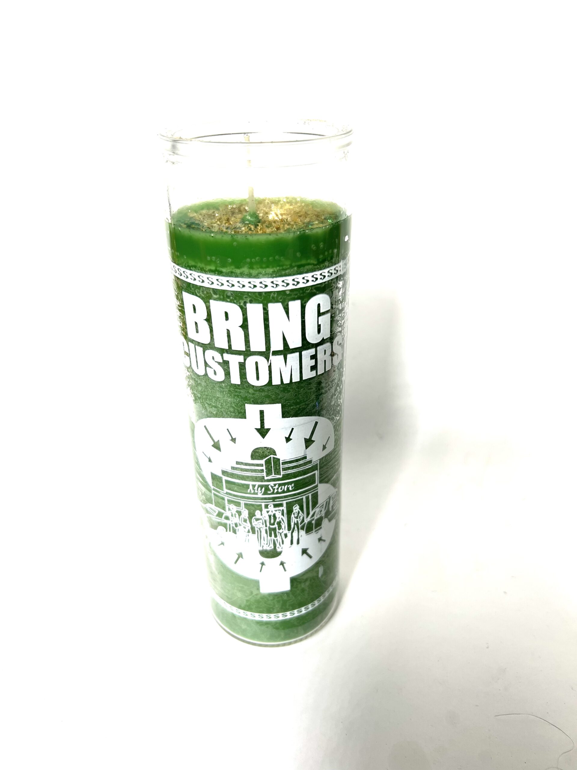 A green candle with the words " bring customers ".