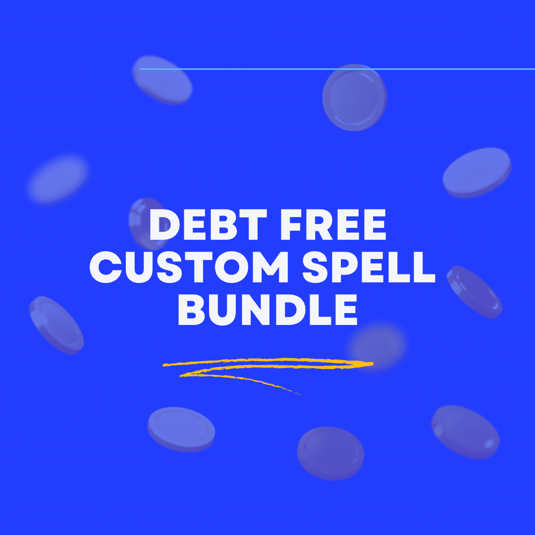 A blue background with the words debt free custom spell bundle in front of it.