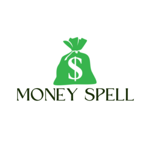 A green bag with the words money spell written underneath it.