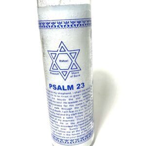 A candle with the words psalm 2 3 written on it.