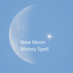 A crescent moon with the words " new moon money spell ".