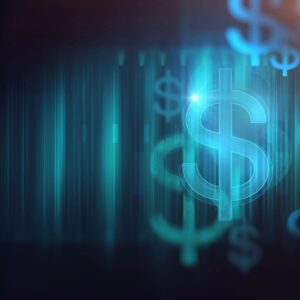 Blue dollar signs on a digital background.