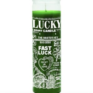 Green fast luck candle with white text.