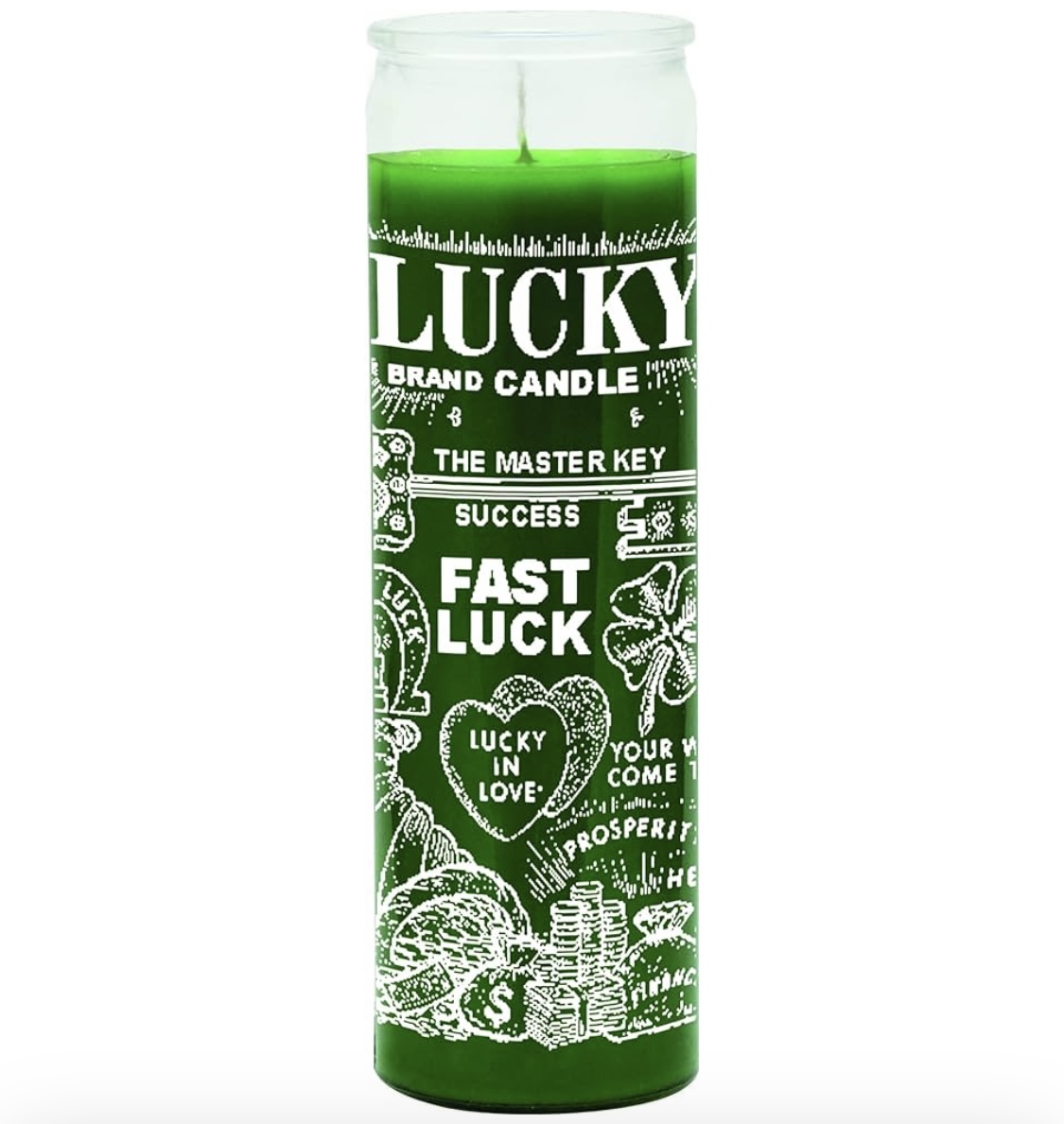 Green fast luck candle with white text.