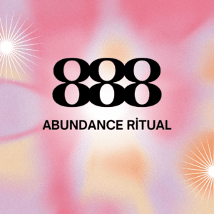 Logo with triple eights and 'Abundance Ritual' text on a pink background.