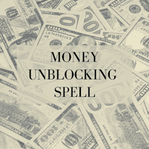 A money unblocking spell text over scattered US dollar bills.