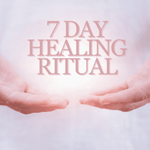 Hands gently surrounding the text '7 Day Healing Ritual' on a soft background.