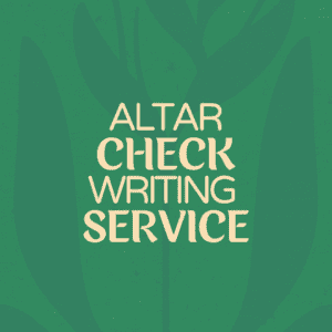 Logo with stylized text 'Altar Check Writing Service' on a green leaf background.