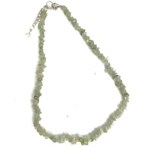 A necklace made of rough, translucent greenish beads.